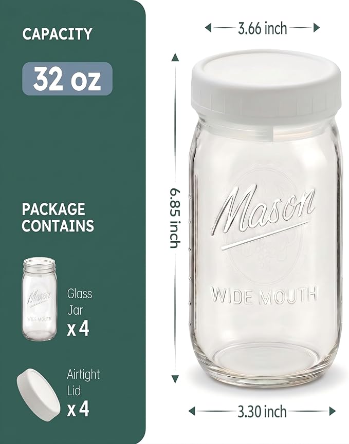 Wide Mouth Mason Jars 32 oz – 4 Pack Quart Size Jars with Airtight Lids for Food Storage, Snacks, Meal Prep & Lunch Leakproof - White