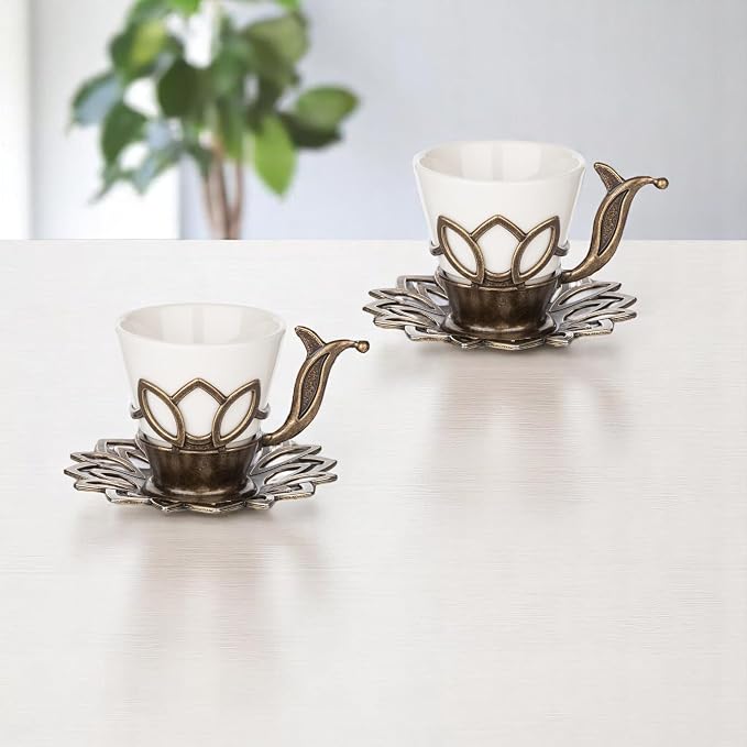 Alisveristime (Set of 6) Turkish Coffee Set with Porcelain Cups, Zamac Holders & Saucers – 80ml Capacity, Ottoman Motif, 4 Color Options (Antique Green)