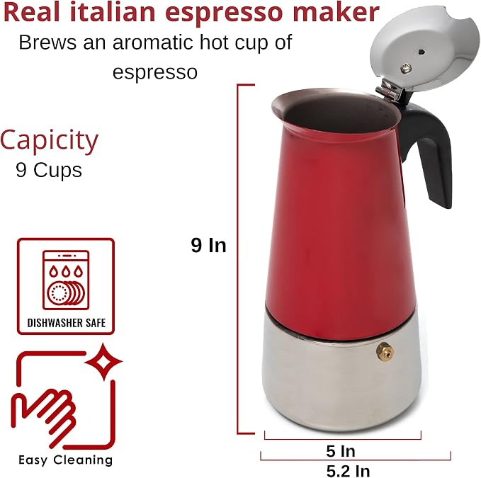 Mixpresso Stovetop Espresso Coffee Maker 15oz/9 Espresso Cup, Moka Coffee Pot with Coffee Percolator Design, Stainless Steel Stovetop Espresso Maker, Italian Coffee Maker, Bundle With 3 Piece Red Cani