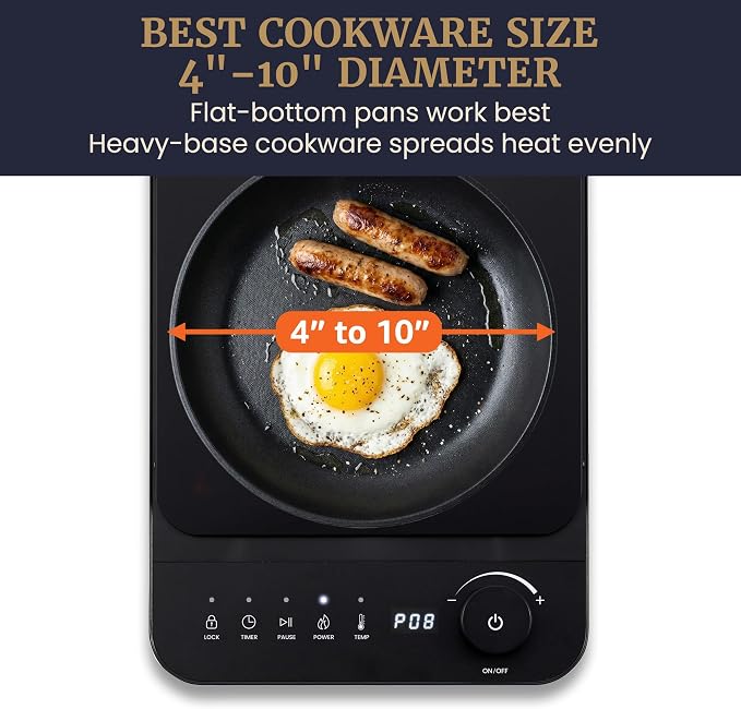 Elite Gourmet Slim Portable Induction Cooktop, 1500W Countertop Burner with 10 Power Levels & Temperature Control (140°F–465°F), Ultra-Slim 2" Design, Digital Touch Controls, Timer & Child Lock