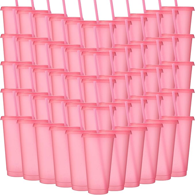 Honeydak 60 Pack Tumbler with Straw and Lid Bulk Cups for Gifts Glitter Plastic Coffee Cups 24-27 oz Reusable Water Bottle Iced Coffee Travel Mug Party Favors for Birthdays Travel (Clear Pink)
