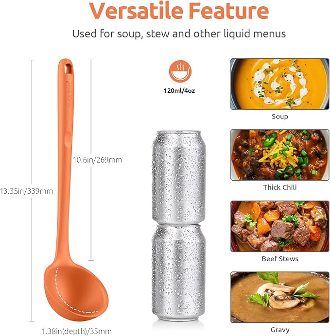 U-Taste 10 Piece Measuring Cups and Spoons Set in 18/8 Stainless Steel, and 600ºF Heat Resistant 13 inch Large Non-Stick Silicone Soup Ladle (Orange)