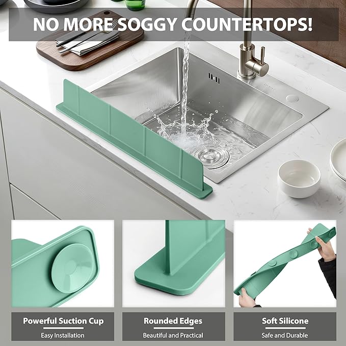 20Inch Silicone Sink Splash Guard with Strong Suction Cups, Flexible Kitchen Sink Splash Guard for Front/Back of Sink, Easy to Clean Splash Guard for Kitchen & Bathroom (Green, 20.5''x2.8'')
