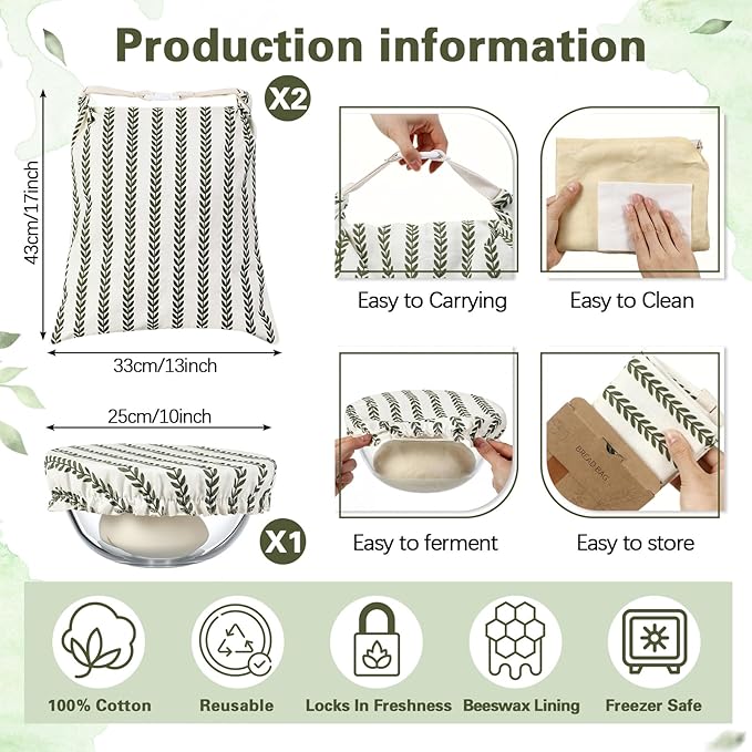 Reusable Beeswax Bread Bags for Homemade Bread Sourdough (2 Pcs 13x17in Bags + 10in Bowl Cover) Floral Cotton 100% Natural Beeswax Coating, Plastic-free Food Storage Wrap(Green Leaf)