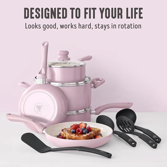 GreenLife 16-Piece Nonstick Cookware Set, Non-Toxic Ceramic Pots and Pans Set, Durable Healthy Kitchen Essentials, Fast Heating, Induction Ready, Easy Clean Dishwasher Safe, PFAS-Free, Blush Pink