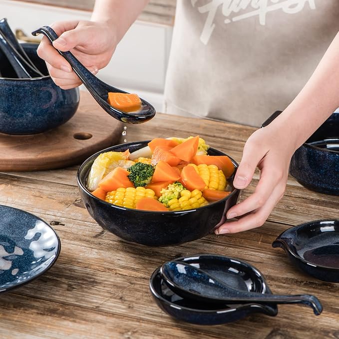 Vicrays 10PCS Ceramic Utensil Set - 5.2 Inch Spoon Ladle Rests, 6.4 inch Asian Soup Spoons, Farmhouse Kitchen Accessories for Stove and Serving - Dishwasher Safe, Blue