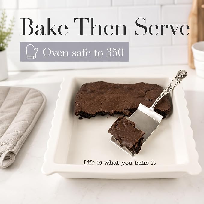 Mud Pie Ceramic Brownie Pan Set with Silverplate Server, Scalloped Brownie Baking Dish, Oven Safe Dishwasher Safe Bakeware, Perfect Brownie Pan for Desserts, Bars, Gifts, White
