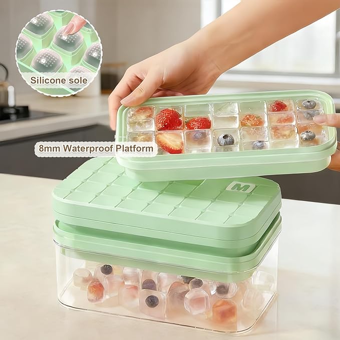 Silicone Ice Cube Trays with Lid and Bin - BPA-Free, Stackable, Release for Easy Ice Making, Portable with Handle, Perfect for Cocktails and Iced Coffee (Dopamine Color)