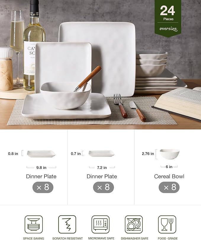 Famiware Stoneware Dinnerware Sets for 8, Ocean Square 24-Piece Kitchen Plates and Bowls Sets, Microwave and Dishwasher Safe, Scratch Resistant, Matte White