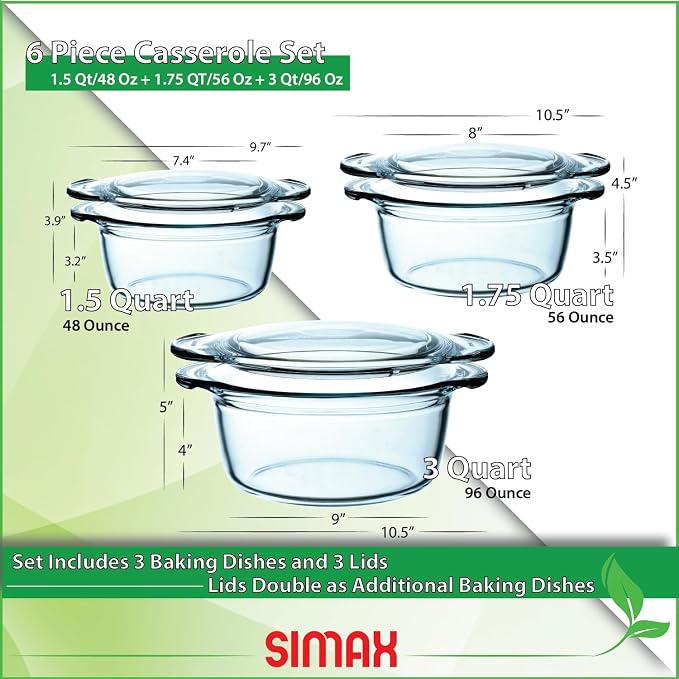 Simax Glass Casserole Dishes for Oven, Set of 3, 1.50, 1.75 & 3 Qt | With Lids, For Oven, Baking Dishes, Lead-Free Cookware
