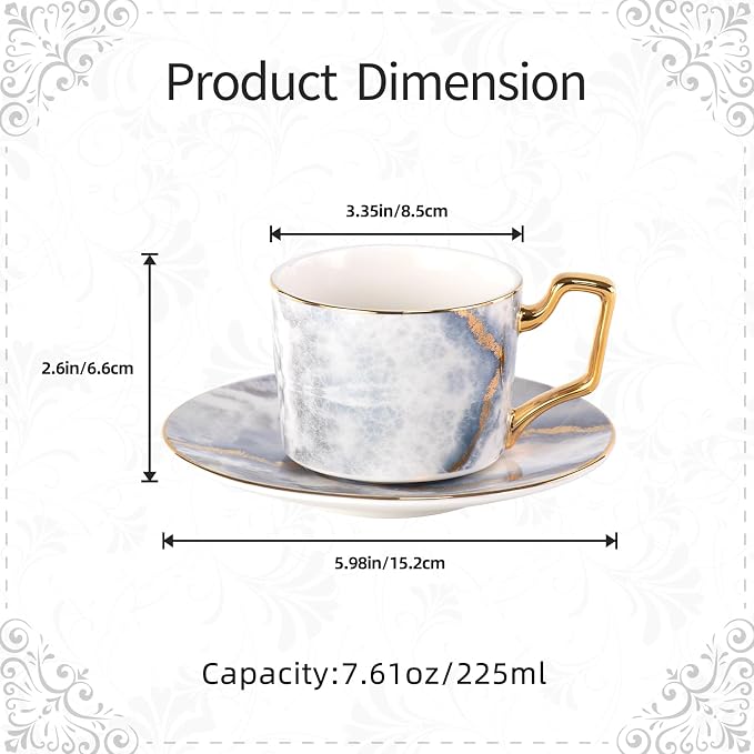 KAMMAK Tea Cups and Saucers Set of 2, Porcelain Coffee Cups, Stackable Espresso Mugs, Ceramic Demitasse for Coffee, Latte, Americano, Tea, Marble Gray
