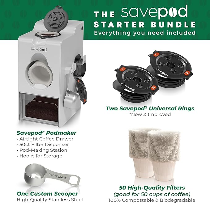 Savepod Coffee Pod Maker Bundle – Reusable Pod Maker Kit Includes Universal Ring, Stainless Steel Scoop, 50 Compostable Filters & Manual PodMaker for Keurig Coffee Maker, Daily Coffee Refill, White