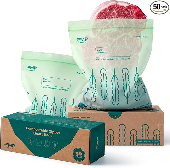 Fit Meal Prep 50 Pack 100% Compostable Food Storage Bags, 7 x 8" Resealable Freezer Bags Quart Size for Meat, Fruits, Plant-Based Sandwich Bag, ASTM D6400, US BPI & EU OK Compost Certified