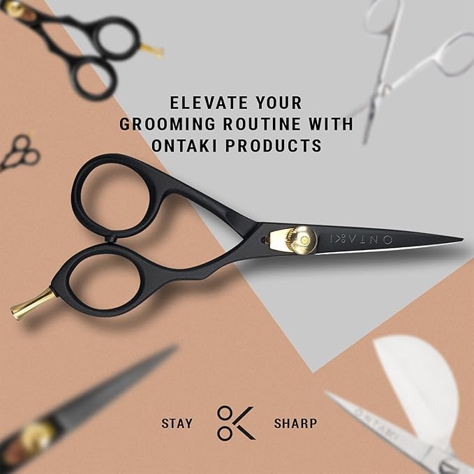 Ontaki Beard & Mustache Scissors for Men - 5.5" Japanese Steel, Black - Precision Sharp Blades, Ergonomic Finger Rest & Adjustable Tension Screw for Perfect Trimming - Beard Scissors for Men
