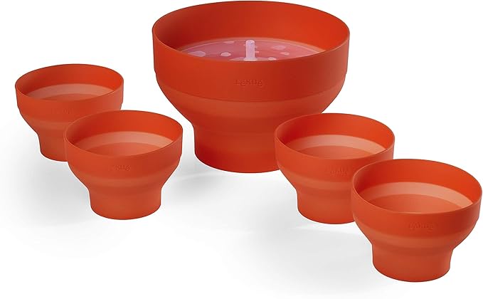 Lekue Jumbo Popcorn Maker with 4 Collapsible Bowls - Platinum Silicone Microwavable Popcorn Bowl Set, Fresh Popcorn in Minutes - Space-Saving & Dishwasher Safe - Healthy Popcorn Recipes included