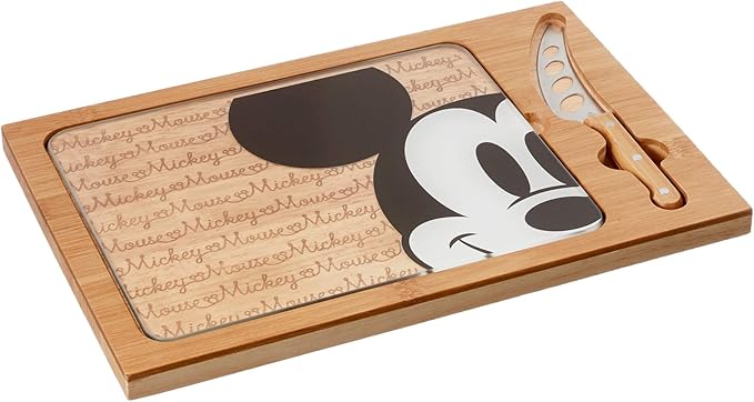 PICNIC TIME Disney Mickey Mouse Icon Glass Top Cheese Board and Knife Set, Charcuterie Serving Tray, Removable Tempered Glass, Parawood and Bamboo Design, (Parawood & Bamboo)