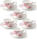 BTaT- Floral Tea Cups and Saucers, Set of 6, 7 oz, Fine Porcelain Teacup Set with Gold Trim for Afternoon Tea, Weddings, Parties & Gifting, Dishwasher Safe and Freezer Safe