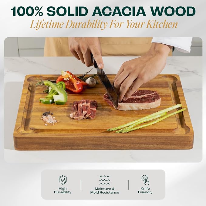 Yes4All Durable Acacia Cutting Boards for Kitchen, [17''Lx13''Wx1.5” Thick] Medium Edge Grain Cutting Board, Pre Oiled Wood Cutting Boards, Thick Chopping Board w/Juice Grooves and Easy Grip Handle