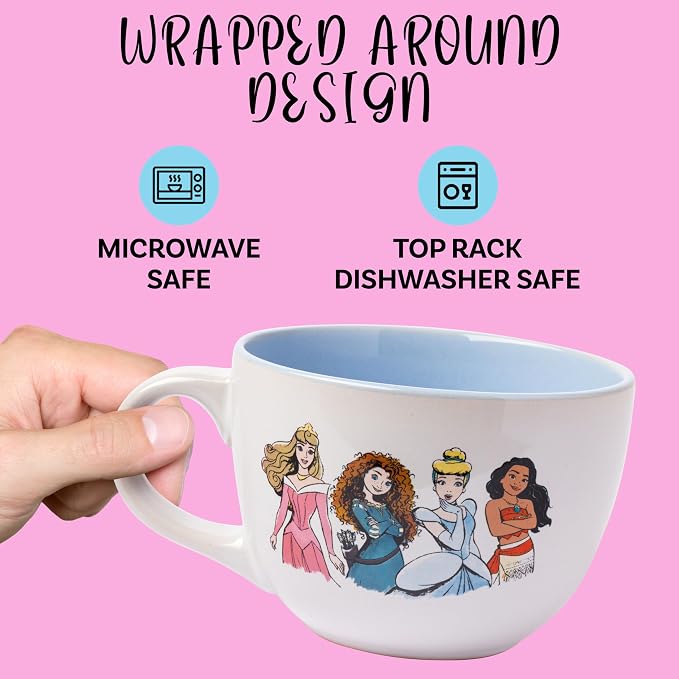 Silver Buffalo Disney Princess Tiana Ceramic Soup Mug, 24oz | Belle, Ariel, Mulan, Jasmine, Aurora, Merida, Cinderella, Moana, Courage to be Kind artwork, Includes large handle