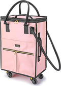 Reusable Grocery Bag on Wheels, Foldable Rolling Duffle Bag, Carry on Luggage Bag with Handle and Zipper Cover for Travel, Lightweight Rolling Tote Shopping Carts (Matte-Pink, Small_41L)
