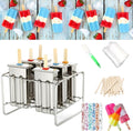 Set of 6 Stainless Steel Popsicle Molds Kit, Homemade Ice Treat Makerwith 50 Wooden Sticks and 6 Silicone Seals and 20 Pop Bags,Cleaning Brush（Square）