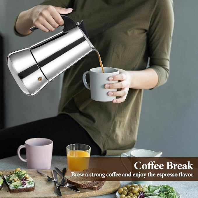 4 Cup Stainless Steel Moka Pot Stovetop Espresso Maker | Italian Coffee Machine 200ml 6.6oz Suitable for Gas Induction Stovetop Mocha Greca Coffee Maker Percolator Tummy
