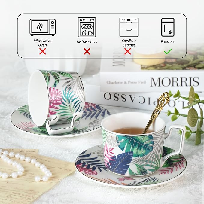 KAMMAK Tea Cups and Saucers Set of 2, Porcelain Coffee Cups, Stackable Espresso Mugs, Ceramic Demitasse for Coffee, Latte, Americano, Tea, Mystery