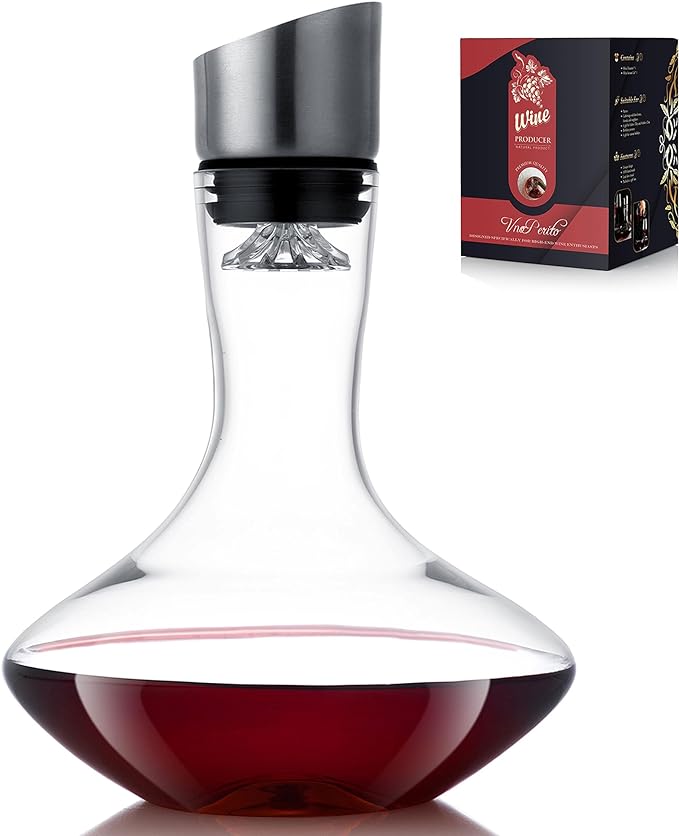 Wine Decanter,Red Wine Carafe,Decanter with Built-in Aerator Pourer, 100% Hand Blown Lead-free Crystal Glass with Stainless Steel Pourer Lid, Filter, Wine Gifts for Men