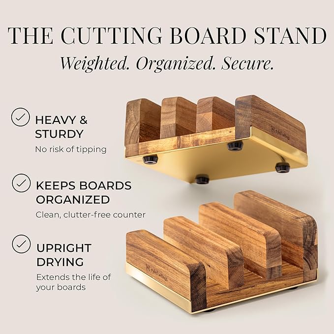 Acacia Wood Cutting Board Set with Holder – 4 Piece Wooden Cutting Board Set with Stand – Reversible Charcuterie Tray with Juice Grooves and Gold Handles – Stylish Kitchen Gift