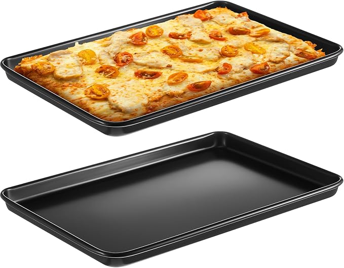 2 Pcs 15.6 Inch Grandma Style Pizza Pan Hard Rectangular Black Non Stick Sicilian Style Carbon Steel Pizza Pan Dish Pre Seasoned Bakeware Kitchenware
