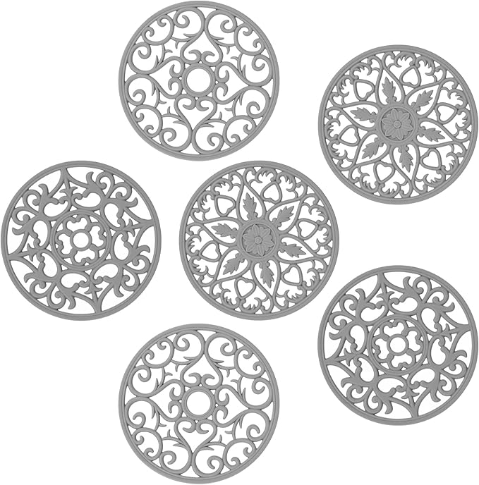 Smithcraft Silicone Trivets for Hot Dishes, Pots & Pans, Hot Pads for Kitchen, Multi-use Carved Heat Resistant Mat for Counter, Silicone Trivet Mat Pot Holders for Table & Countertops Set of 6 Grey
