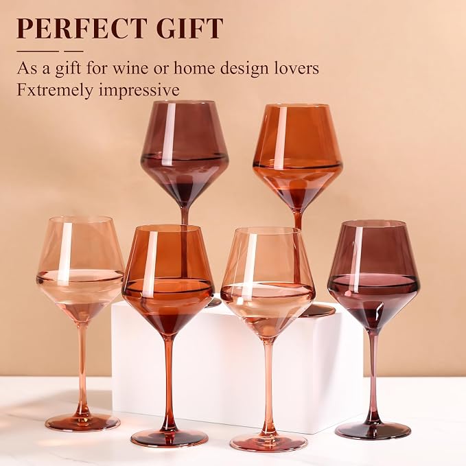 Venus Colored Wine Glasses Set of 6-17.5【Hand Blown】 Brown Wine Glasses with Tall Long Stems, Elegant Amber Melanin Colored Glassware - Unique Gifts for Wine Lovers-Wedding Gifts