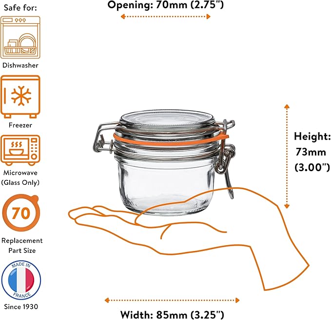 Le Parfait Super Terrine Jar | 4oz (Pack of 6) 125ml French Glass Jar, Airtight Rubber Seal & Glass Lid | Glass Jars for Kitchen Organization and Storage Containers for Essentials