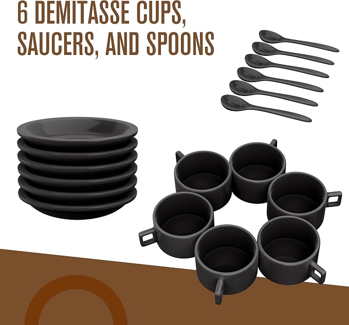 Houseables Espresso Cup Set, Espresso Cups Stackable, Expresso, Demitasse, with Saucers, Stand, Spoons, Coffee Mugs, Juego De Tazas Para Cafe, Porcelain, Stacking, 19 Pieces, Set of 6, 2.5 oz, Black