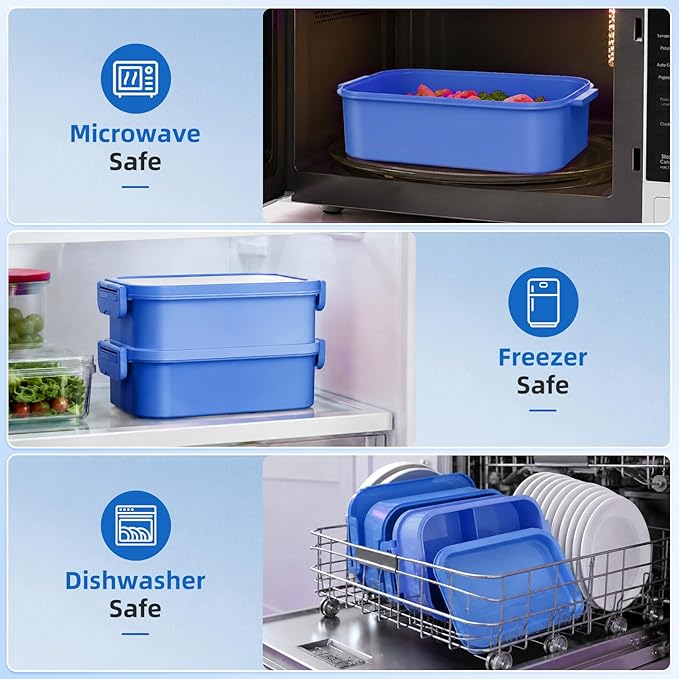 Adults Lunchbox Bento Box with Lunch Bag for Women Men- 74 OZ All-in-One Stackable Lunch Box for Adults Kids Leakproof Bento Large Lunch Box Containers with Fork Spoon Sauce Box for Work School (Blue)