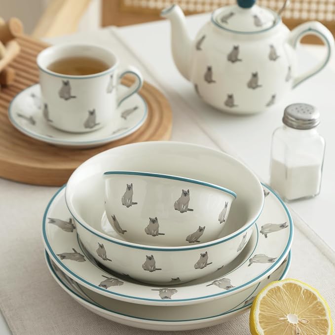 London Pottery Ceramic Dinner Round Plates, 8"Plates, Serving Dishes, Microwave Oven Dishwasher Safe, Kitchen Porcelain Dish, Christmas Housewarming Gift (Cat, Salad Plate，8‘’)