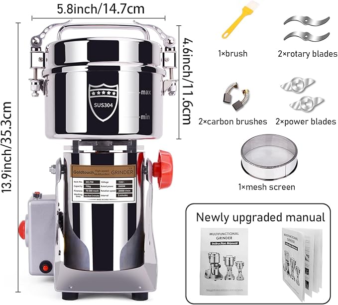 Goldtouch 750g Grain Mill Grinder 2800W Electric Stainless Steel Grain Grinder High-Speed Pulverizer Powder Machine for Dry Wheat, Oats, Corn, Pepper and Coffee Beans (750g Swing Type)