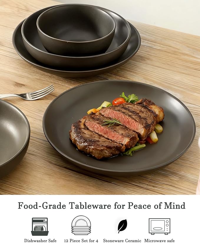 Plates and Bowls Sets, 12-Pieces Stoneware Dinnerware Set Ceramic, Matte Black Dishes Set for 4, Scratch Resistant, Microwave and Dishwasher Safe Tableware, Porcelain