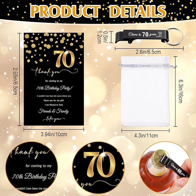 LemonRoad 50 Set 70th Birthday Party Favor for Guest Bulk, 1.4 oz Plastic Shot Glasses Cup, Cheers to 40/50/60/70/80 Years Beer Bottle Opener Keychain Thank You Card Gift Bag for Souvenir Party Gift