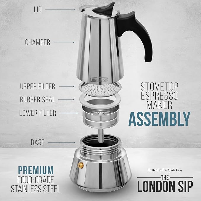 London Sip Stainless Steel Stovetop Espresso Maker Moka Pot Italian Coffee Percolator, Matte Black, 3 Cup