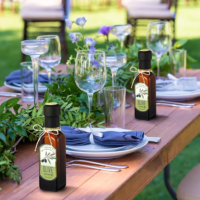 Reallnaive 20 Pcs 4 oz Mini Glass Olive Oil Bottles Empty Sauce Condiment Bottles with Dropper Inserts and Sticker Seals Caps for Gifts Kitchen (Sqaure,Brown)