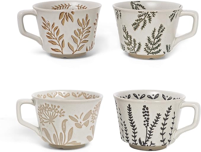 Vintage Ceramic Mug Set - 12 oz Unique Ceramic Coffee Mugs & Tea Cups with Hand-Drawn Patterns, Dishwasher & Microwave Safe, Ideal Gift