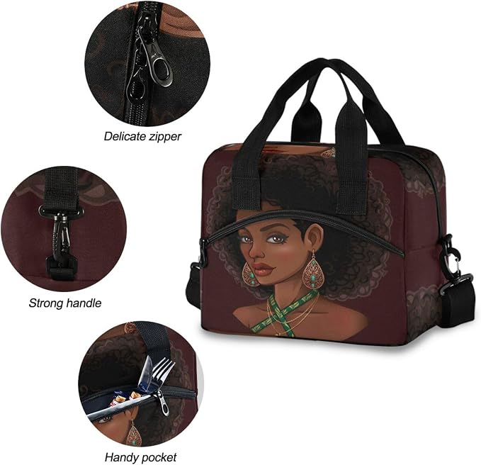 Reusable Lunch Bag for Girls Women,Beautiful African American Girl Lunch Box Container with Detachable Shoulder Strap,Insulated Lunch Coolers for School Office