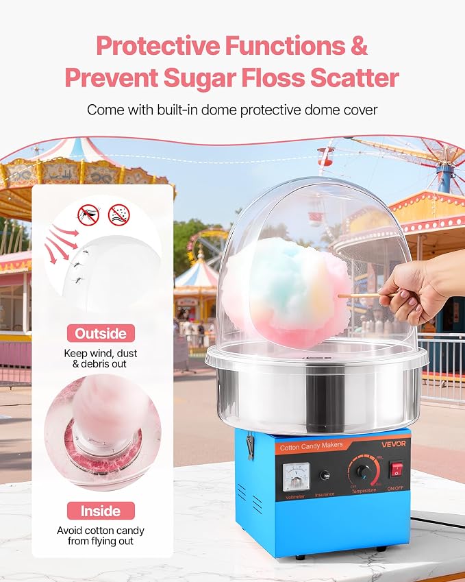 VEVOR Electric Cotton Candy Machine, 1000W Commercial Floss Maker With Cover, Commercial Cotton Candy Machine w/Stainless Steel Bowl & Sugar Scoop, Ideal for Carnival, Birthday, Family Party, Blue
