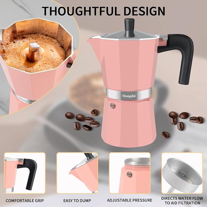 Mongdio Stovetop Espresso Maker Moka Pot, Stove Top Cuban Coffee Maker, Italian Greca Mocha Pot, 12 Espresso Cups, 20 oz - Pink