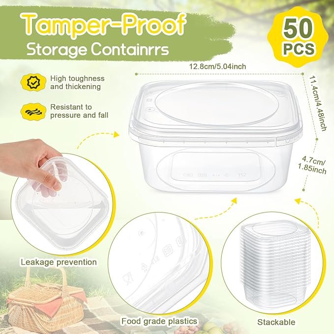 50 Pack 12 oz Deli Containers with Lids, Tamper Proof Leak Resistant Clear Plastic Food Storage Containers, Airtight Meal Prep Container for Soup Salad Tiramisu, Microwave & Dishwasher Safe