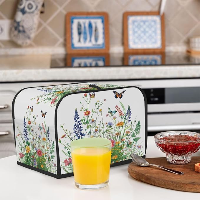 Beautiful Flowers And Grass 4 Slice Toaster Cover Dust And Fingerprint Bread Maker Cover Bakeware Protector Washable Appliance Covers Kitchen Accessories For Home Kitchen Women Gift