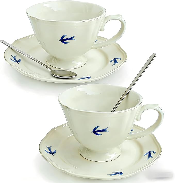 Bone China Hand Painted Hummingbird Tea Cups and Saucers with Spoons in Giftbox, 8oz Ceramic Coffee Mug, Cute Floral Vintage British Teacup for Women, Father, Party, Birthday Gift Set of 2