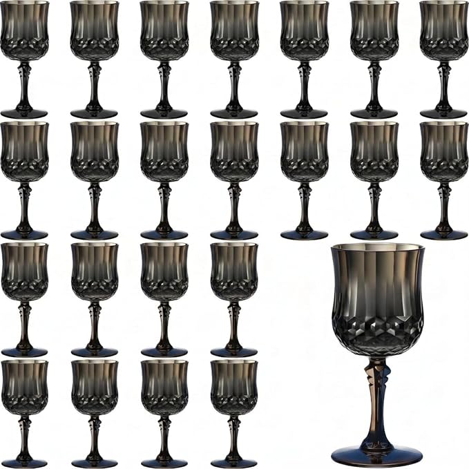 Pinkunn 24 Pcs 7 oz Plastic Vintage Wine Glasses Reusable Colored Goblets Patterned Drinking Water Glasses Cup Dishwasher Safe for Mother's Day Wedding Reception Party Supplies (Black)