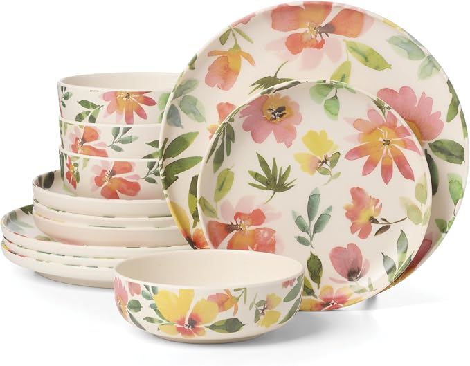 Oneida 24 Seven Melamine Collection, Dishwasher Safe Melamine Dinnerware and Drinkware, Floral Pattern, Dinnerware Set, 12-Piece